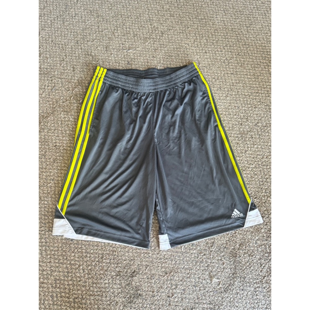 Adidas Mens Gray Neon Yellow Stripe Athletic Gym Basketball Shorts Large
